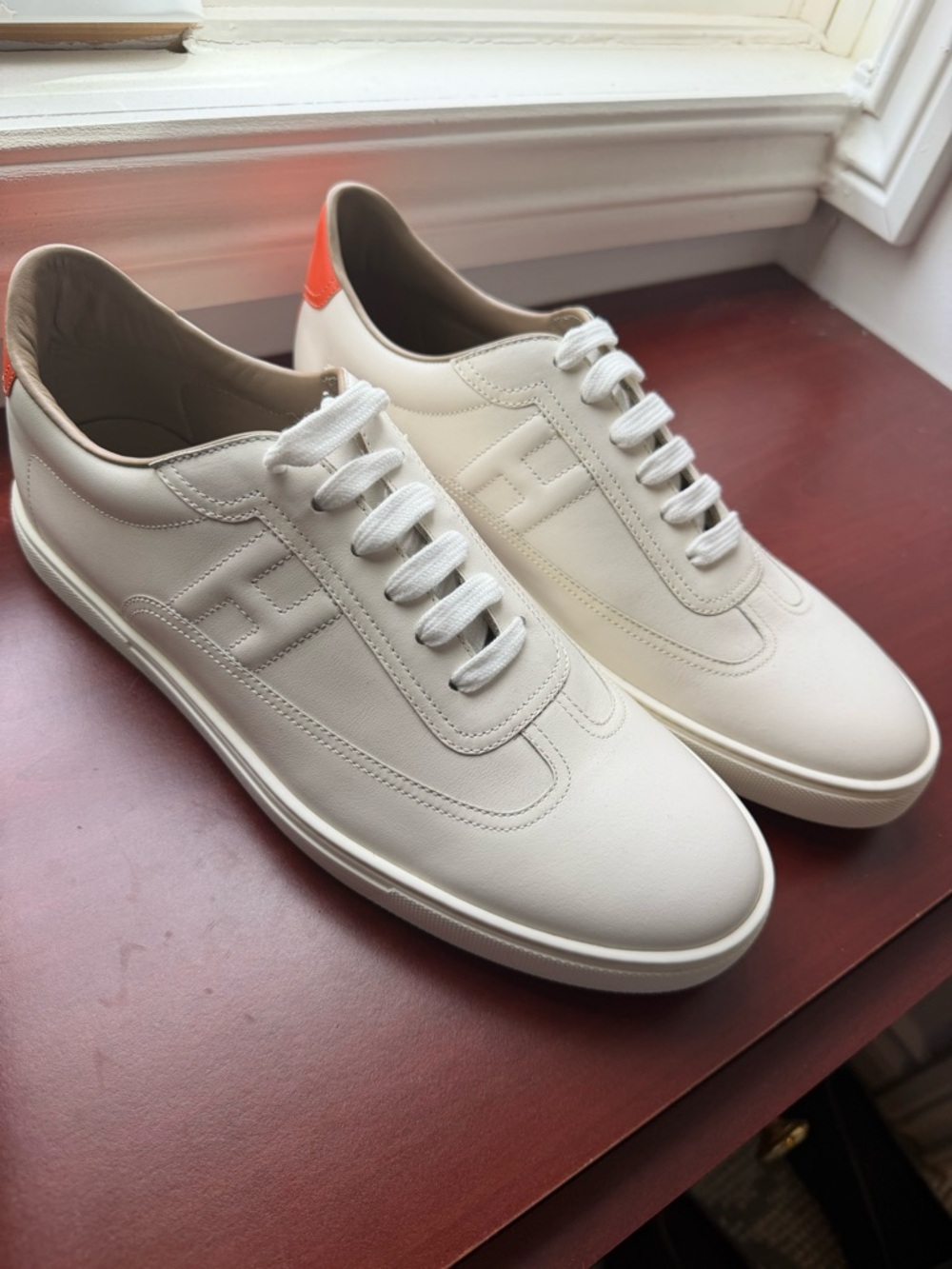 Hermes Cream Leather Low-Top Sneakers with Orange Heel Tab